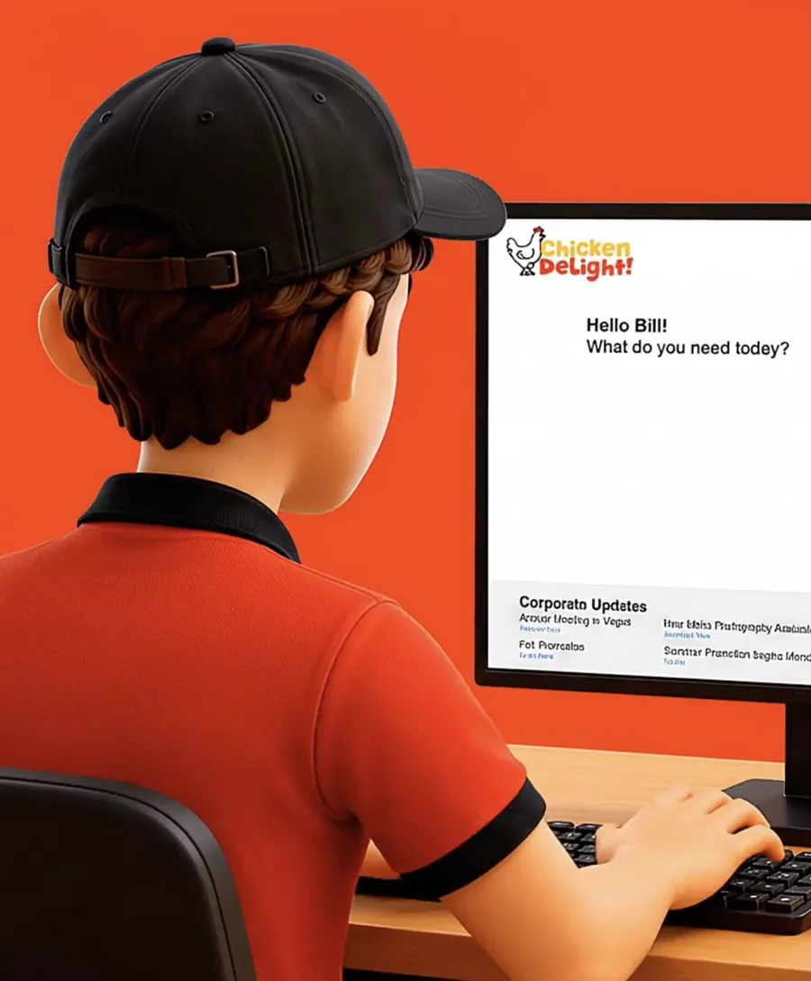 A restaurant team member uses a branded ClickSling portal that greets him by name